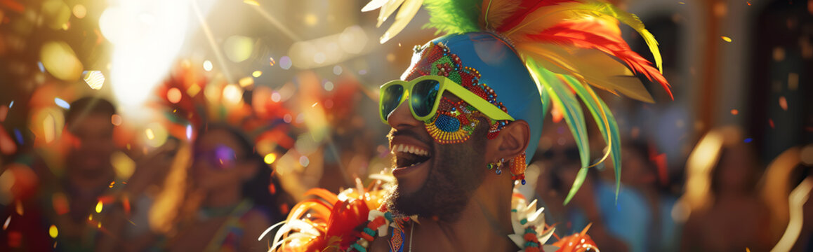 Pessoas sorridentes fantasiadas se divertindo no carnaval: Uma Explosão de Alegria e Cores, IA Generativa