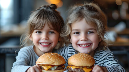 two little children eating a big hamburger at a table in a cafe, boy, girl, fast food, restaurant, kids, junk food, kid, unhealthy food, snack, friends