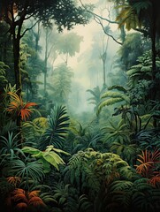 Misty Rainforest Tropical Nature Scene | Jungle Canopy Art Print - obrazy, fototapety, plakaty