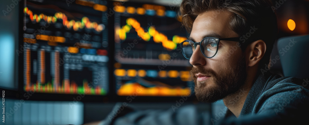 Poster happy man watching trading webinars, learning new trading skills, trading background with black and 