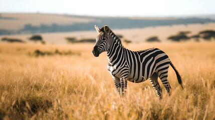 Naklejka premium Majestic zebra standing in golden savannah fields during sunset. striking wildlife photography. ideal for nature-based designs. AI