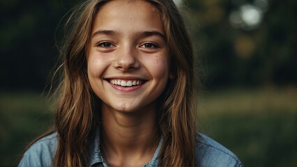 Fototapeta premium Smiling young girl portrait showing her emotions of happiness due to success