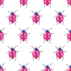 Cute cartoon insect characters seamless pattern. Funny happy small bugs, caterpillars, grasshoppers, beetles, worms, bees and ants. Flat modern vector illustrations isolated on white background