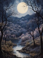 Moonlit Olive Groves � Night Scene Landscape Poster, Rustic Wall Art 