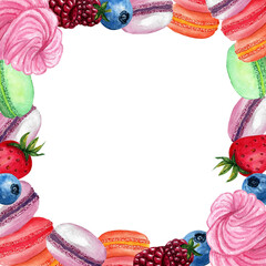 Frame with macaroons, marshmallows and berries isolated on a white background. Hand drawn watercolor illustration. Art for design.