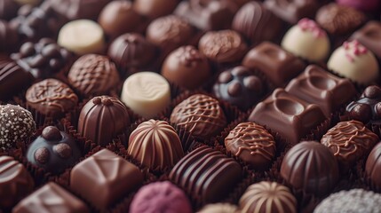 Assorted elegant chocolates in a close-up view. ideal for gourmet and luxury confectionery branding. variety of shapes and flavors. perfect for culinary indulgence. AI