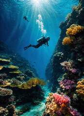 Obraz premium View from the bottom of the ocean. A diver at the bottom of the ocean among colorful corals. Created with the help of artificial intelligence