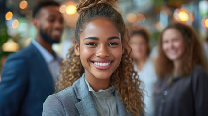 Obraz premium Radiant young businesswoman with colleagues, showcasing teamwork in a professional setting