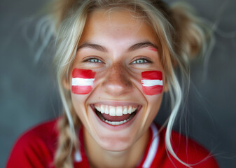 Beautiful girl as a Euphoric National Austria Team Fan with painted in country flag colors face excited laughing and screaming  straight at the camera. Active sports fans movement and human emotions.