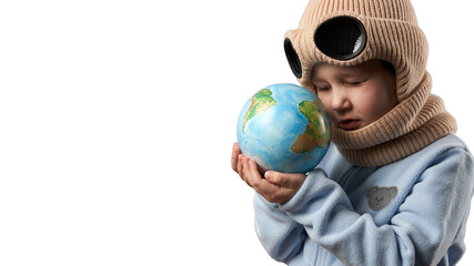 A child wearing a goggle hat holds and examines a globe. Png.