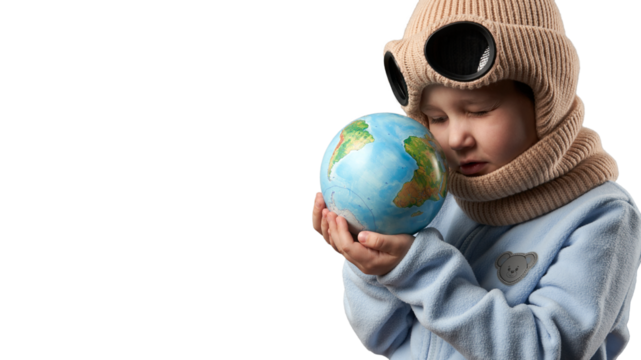 A child wearing a goggle hat holds and examines a globe. Png.