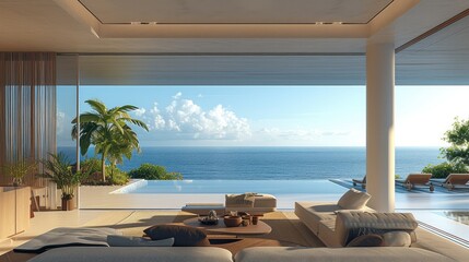 Obraz premium A living room at house with view to the ocean, natural light. Generative AI.