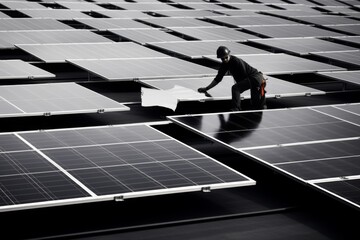 Worker cleaning solar panels to ensure efficiency and maximum energy absorption - obrazy, fototapety, plakaty