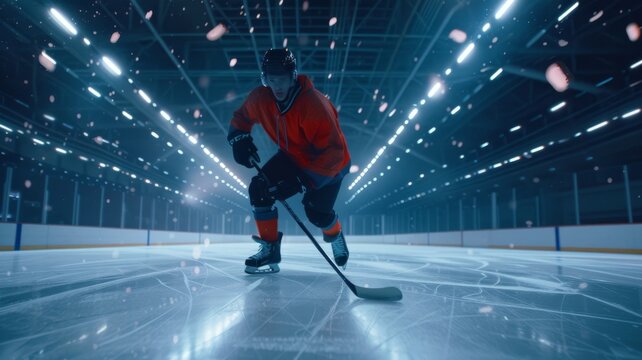 Hockey player in action during a practice session in a brightly lit indoor arena