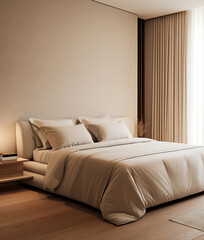 Stylish and modern bedroom, warm beige tones.
