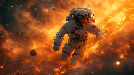 Astronaut exploring a frosty alien terrain under a starry sky with glowing particles