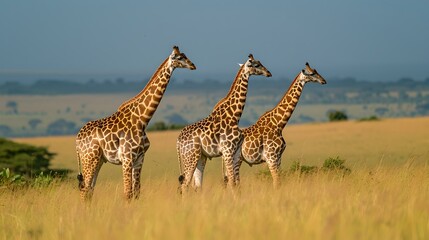 Fototapeta premium Three giraffes roaming the vast african savannah at sunset, capturing the wild elegance. serene nature scene. AI