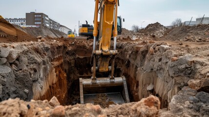 Obraz premium Close-up view of an excavator bucket digging deep into the earth at a construction site, amidst piles of soil and rock.