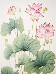 Lotus Pond Nature View: Floating Flowers Vintage Art Print