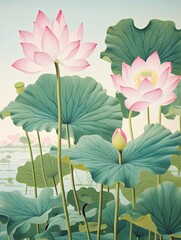 Vintage Lotus Pond Painting: Floating Flowers Nature Scenic Print