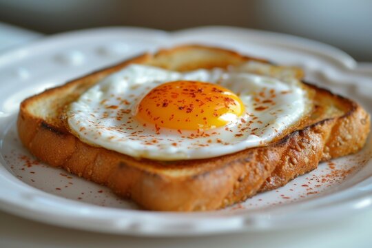 A single fried egg on a toasted bread with a dash of red seasoning, served on a white plate