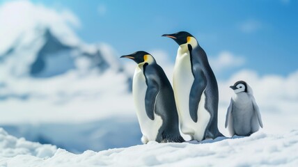 Fototapeta premium Family of Emperor Penguins with a chick on the Antarctic ice