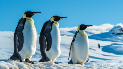 Three Emperor Penguins standing together on the snowy Antarctic landscape