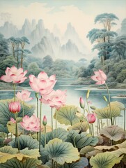 Lotus Flower Pond Scene: Vintage Landscape Print of Floating Art