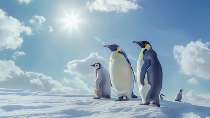 Obraz premium Emperor Penguins enjoying the sunshine on a clear Antarctic day