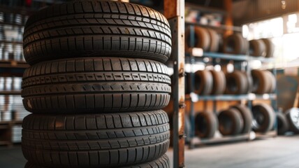 Obraz premium Stack of black car tires in an automotive workshop setting