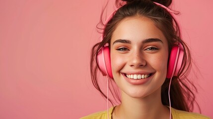 a smiling woman with headphones isolated on light pink background