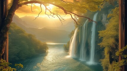 A window to a sunrise paradise, a green natural landscape full of waterfall. Generative AI.