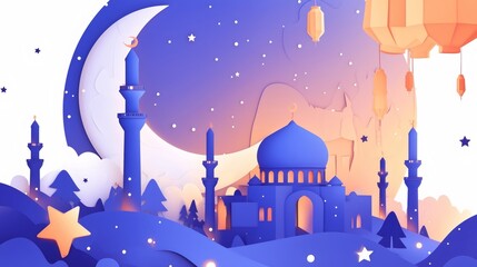 Naklejka premium ramadan greeting card and psoter with mosque moon and star. islam festival holiday celebration