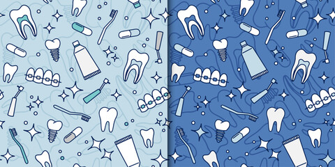 vector seamless pattern dental dentist oral hygiene, teeth, toothbrush and toothpaste, braces and dental implants, background for dental clinics and corporate identity