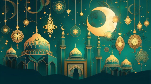 ramadan greeting card and psoter with mosque moon and star. islam festival holiday celebration