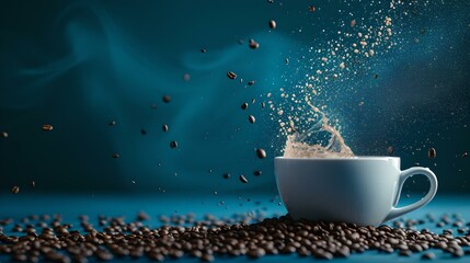 Dynamic coffee splash in a white cup with flying beans on a blue background. invigorating morning beverage scene captured. serene yet energetic imagery. AI - obrazy, fototapety, plakaty