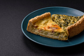 Delicious crispy quiche cut into slices with cheese, broccoli, tomatoes