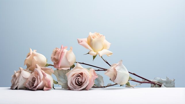 Sympathy card with wilted roses flowers. Condolence card. Empty place for a text. For use in scrapbooking, floristry or herbarium. Illustration for cover, card, postcard, etc.