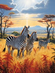 Majestic African Savannas Meadow Painting of Zebra Herd in Stunning Nature Scene