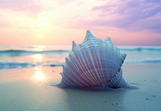 One seashell shell lies on the sandy shore of the sea or ocean at sunset of the day. Illustration for cover, card, postcard, interior design, banner, poster, brochure or presentation.