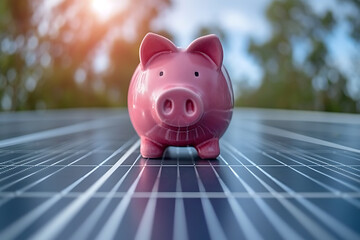 solar panels, and a piggy bank, the concept of green electricity, benefit to the environment and saving money
