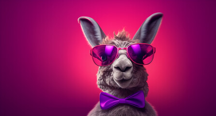  Llama is wearing sunglasses with a purple bow tie over a pink background.