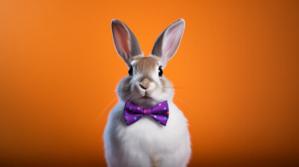 A white rabbit with a purple bowtie on an orange background.