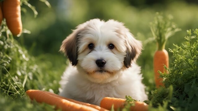 golden retriever puppy A happy Havanese puppy with a comical expression, sitting in a field of oversized carrots  