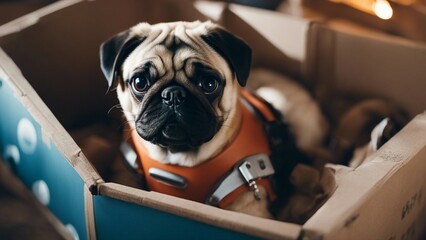 bulldog puppy in a box A pug puppy with a comically sad face, sitting in a cardboard box spaceship  