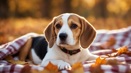 beagle puppy in autumn park  lovable beagle puppy with floppy ears and soulful eyes, lying on a soft gingham blanket,  