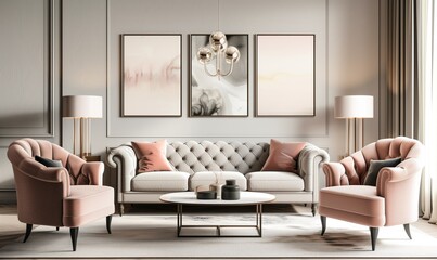 Contemporary interior in daylight with sofa or couch with armchairs and lamps and minimalistic pictures hanging on walls in grey and pink