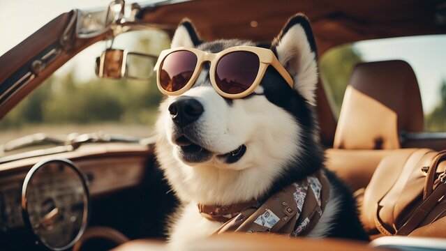 dog in car seat A humorous image of a Malamute puppy and adult wearing oversized sunglasses and bandanas, 