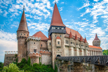 Dramatic view on a famous Castle Corvin on a beautiful day, Romania