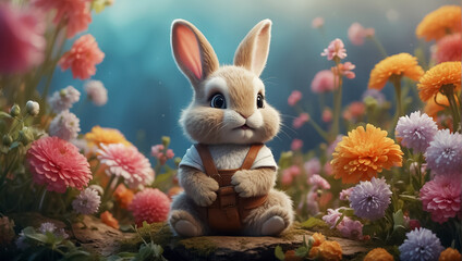 Fototapeta na wymiar cute cartoon fluffy bunny with flowers design
